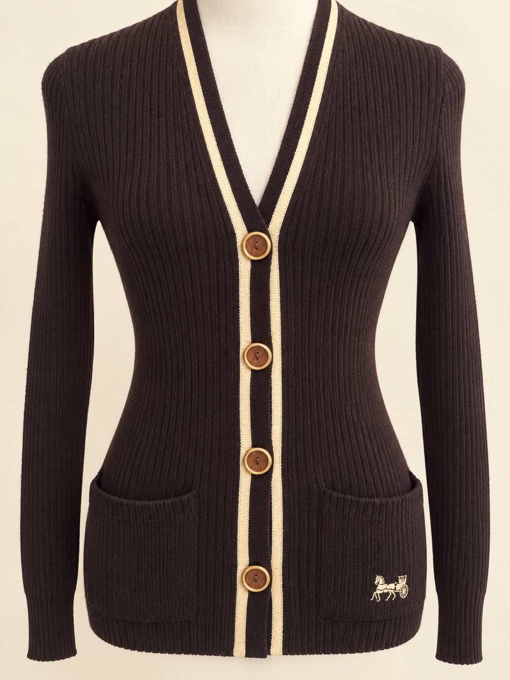 CELINE Paris Ribbed Longline Cardigan Size 40 Brown with Contrast Trim